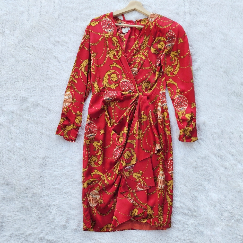 Richard Warren Vintage 80s Red Silk Faux Wrap Party Dress‎
